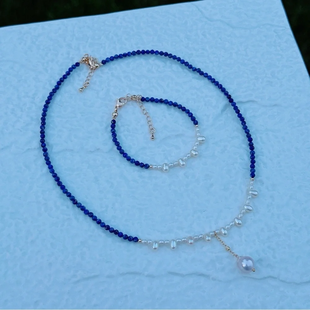 AM69 Handmade Freshwater Baroque Pearl Lapis Necklace Bracelet Set - Picture 6 of 8